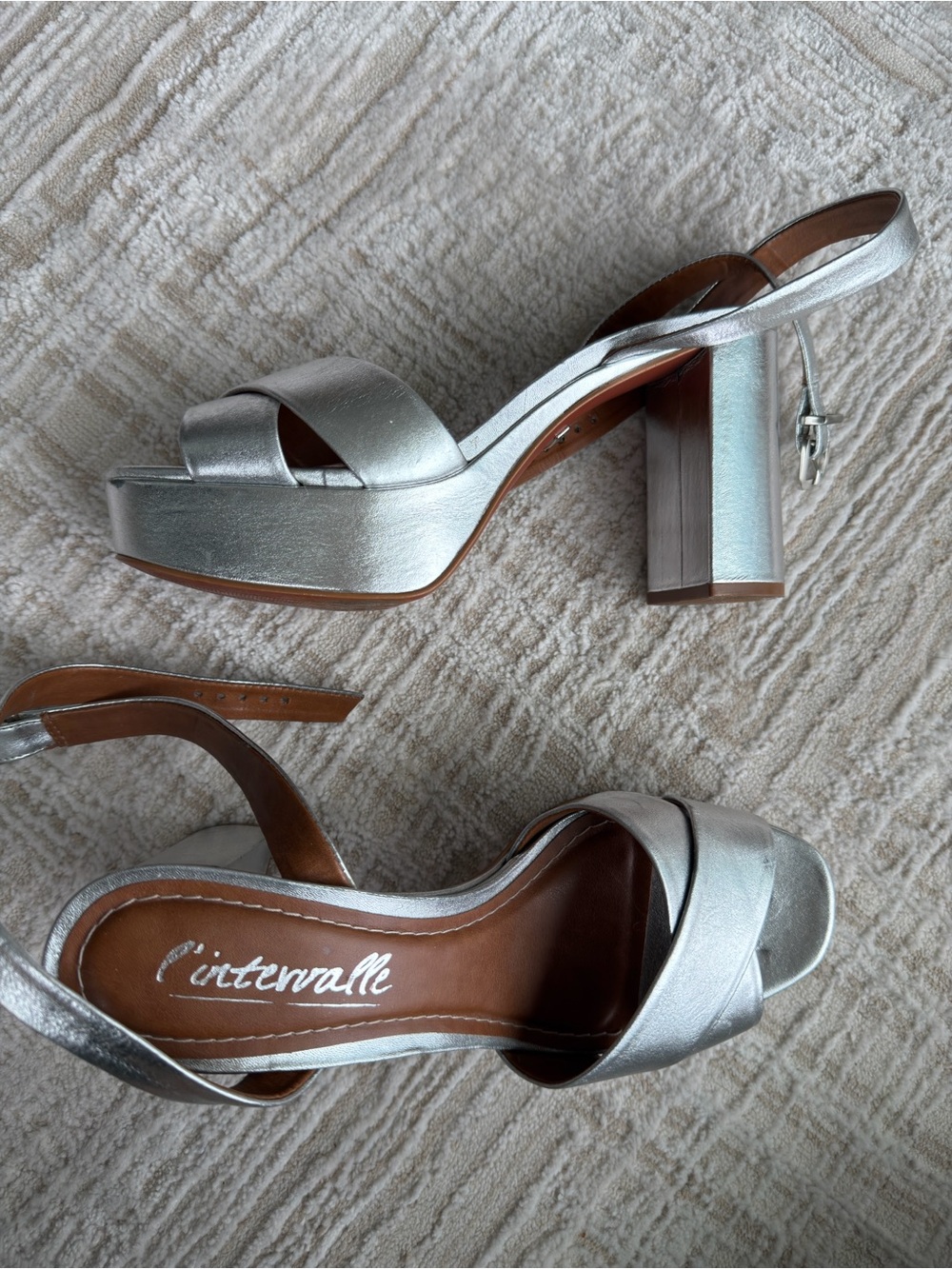 L’Intervalle Silver Platform Block Heel Slingback Sandals - Picture 1 of 8